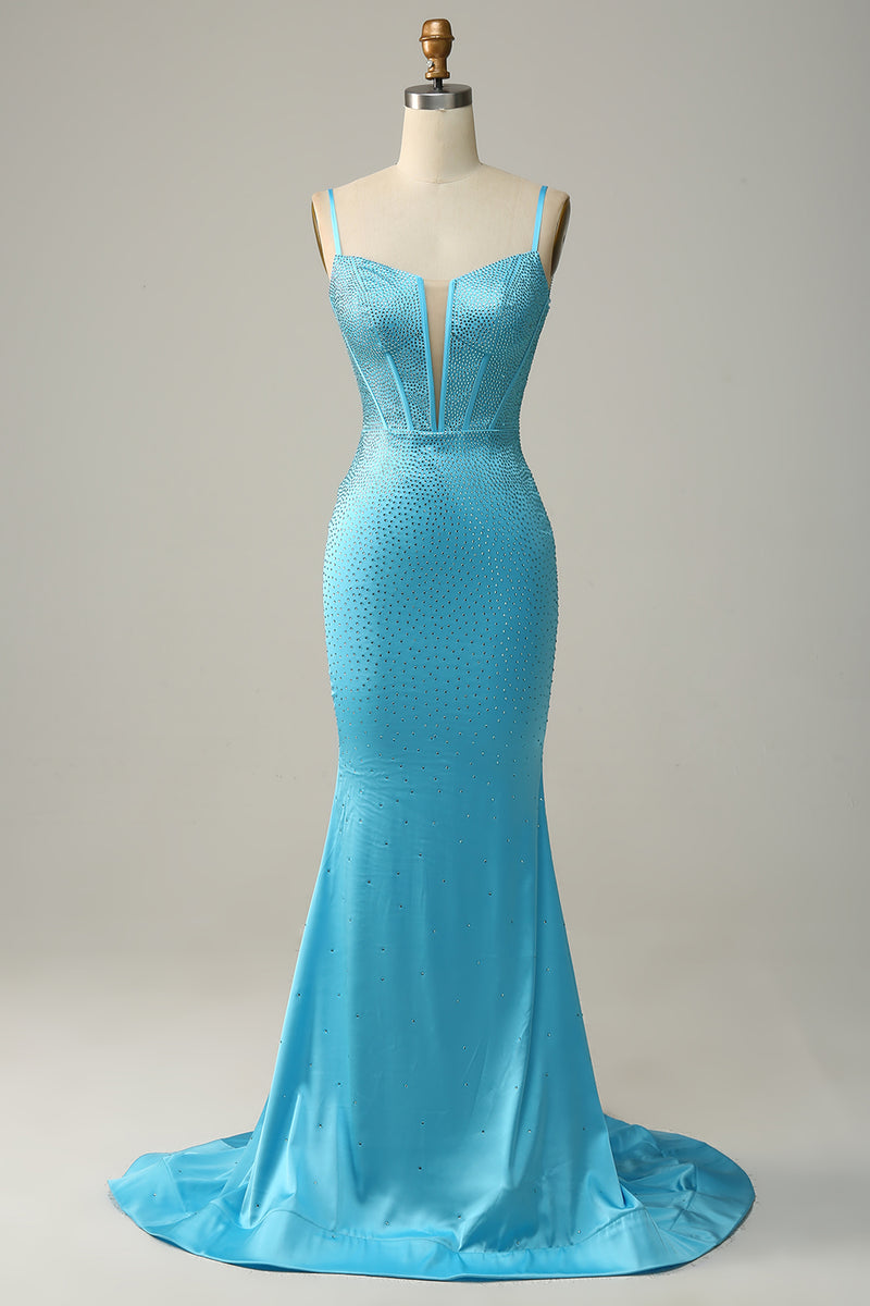 Laden Sie das Bild in den Galerie-Viewer, Meerjungfrau Spaghetti-Träger Blau Perlenbesetztes Ballkleid