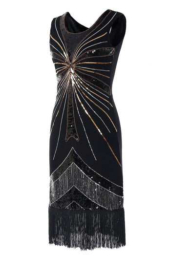Schwarzes 1920er Jahren Pailletten Fransen Flapper Kleid