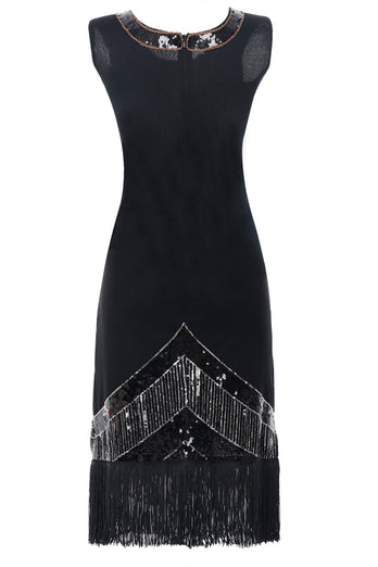 Schwarzes 1920er Jahren Pailletten Fransen Flapper Kleid