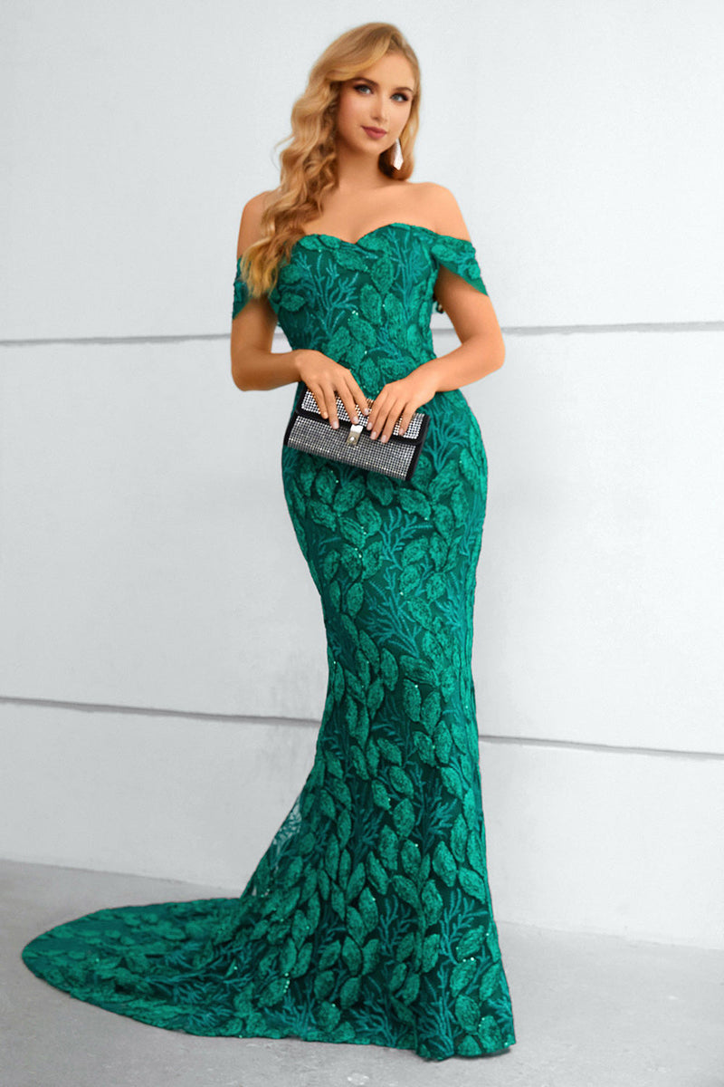 Laden Sie das Bild in den Galerie-Viewer, Dunkelgrün von der Schulter Meerjungfrau Ballkleid mit Applikationen