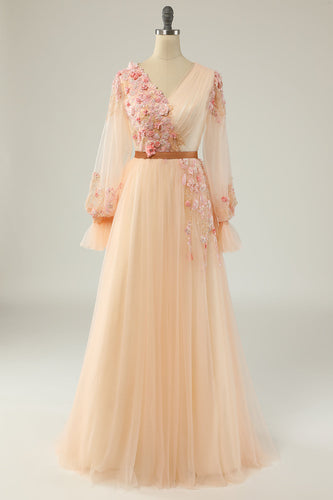 Elegantes apricotfarbenes langes Abendkleid in A-Linie mit V-Ausschnitt und Applique