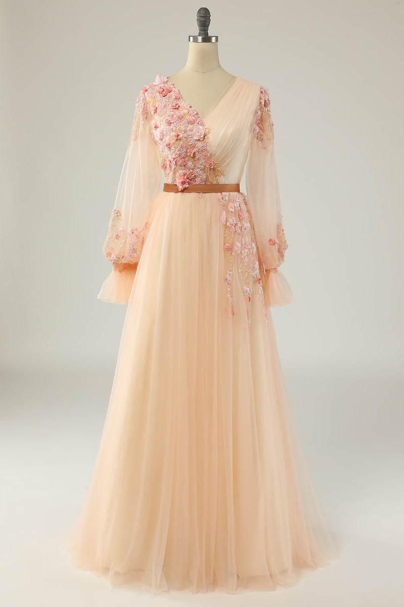 Laden Sie das Bild in den Galerie-Viewer, Elegantes apricotfarbenes langes Abendkleid in A-Linie mit V-Ausschnitt und Applique