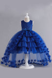 Blaues High Low Mädchenkleid mit Bowknot