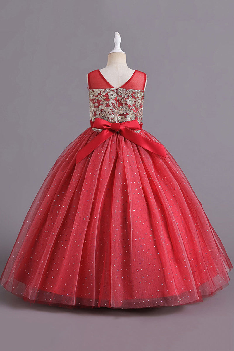 Laden Sie das Bild in den Galerie-Viewer, Rot A Linie Perlen Mädchen Kleid mit Schleife