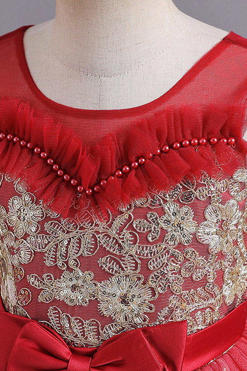 Laden Sie das Bild in den Galerie-Viewer, Rot A Linie Perlen Mädchen Kleid mit Schleife
