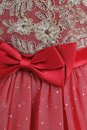 Rot A Linie Perlen Mädchen Kleid mit Schleife