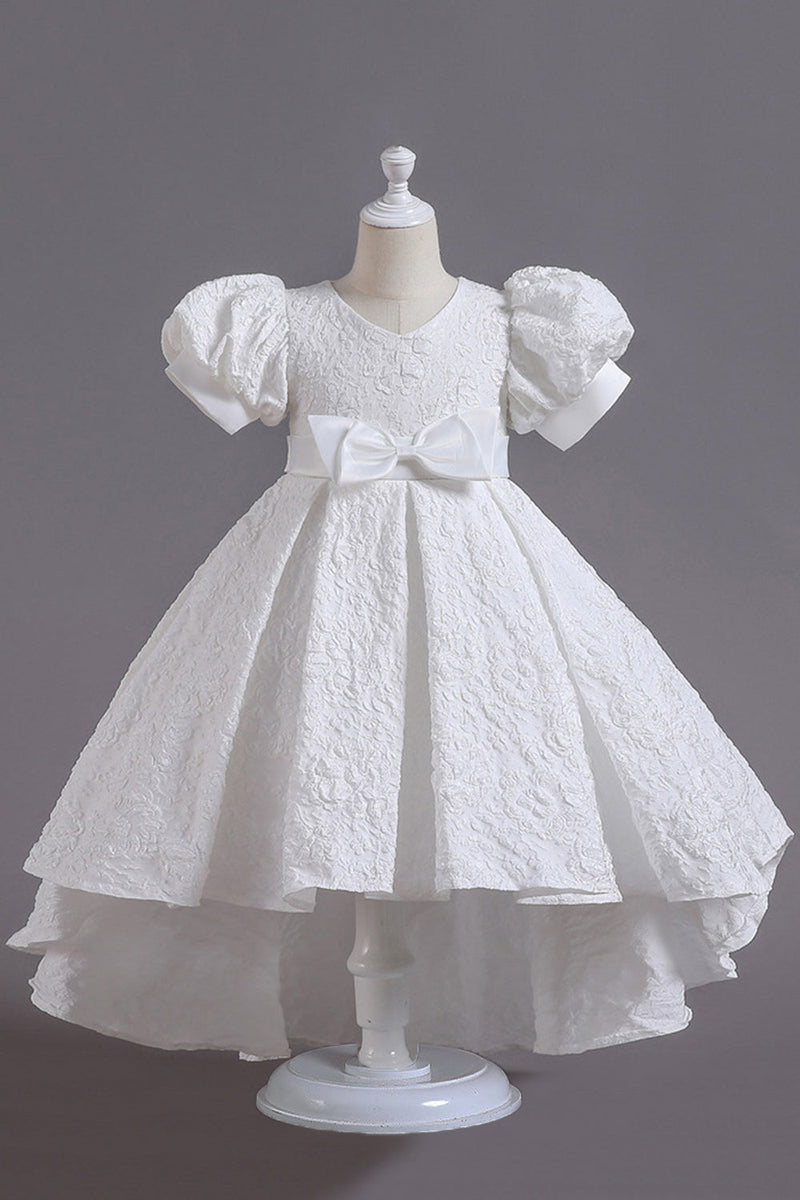 Laden Sie das Bild in den Galerie-Viewer, Weißes A-Linie Mädchenkleid mit Schleife