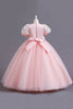 Laden Sie das Bild in den Galerie-Viewer, Pailletten Pink A Linie Kurzarm Mädchen Kleid mit Schleife