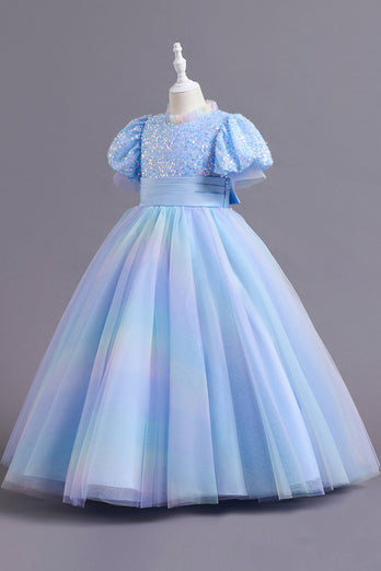 Puffärmel Blau Pailletten Müll Mädchen Kleid