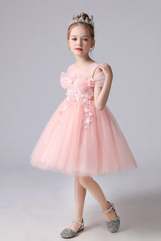 Eine Linie rosa Bowknot Mädchenkleid mit Applikationen