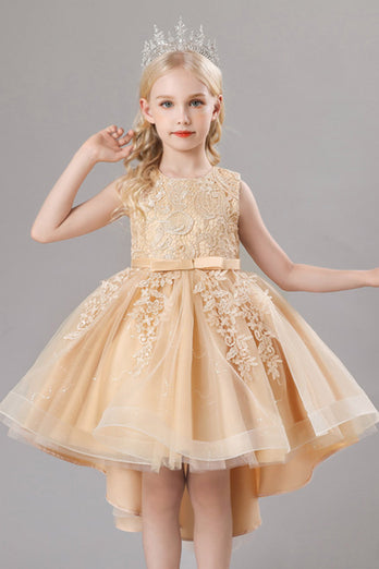 Weißes Juwel Hals Bowknot ärmelloses Mädchen Kleid mit Applikationen