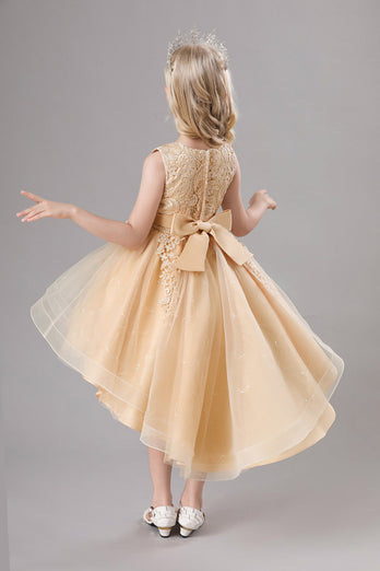 Weißes Juwel Hals Bowknot ärmelloses Mädchen Kleid mit Applikationen