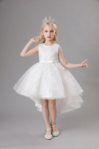Weißes Juwel Hals Bowknot ärmelloses Mädchen Kleid mit Applikationen