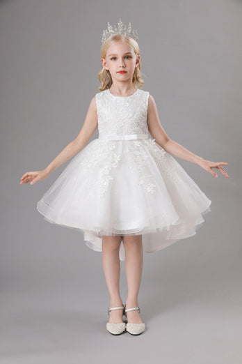 Weißes Juwel Hals Bowknot ärmelloses Mädchen Kleid mit Applikationen