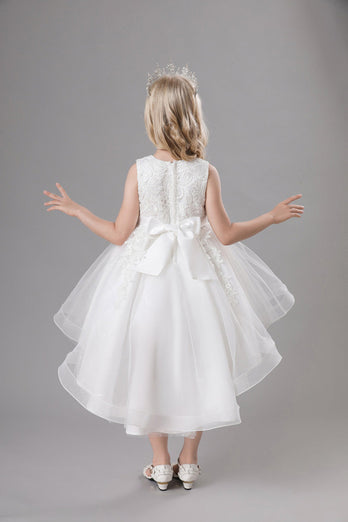 Weißes Juwel Hals Bowknot ärmelloses Mädchen Kleid mit Applikationen