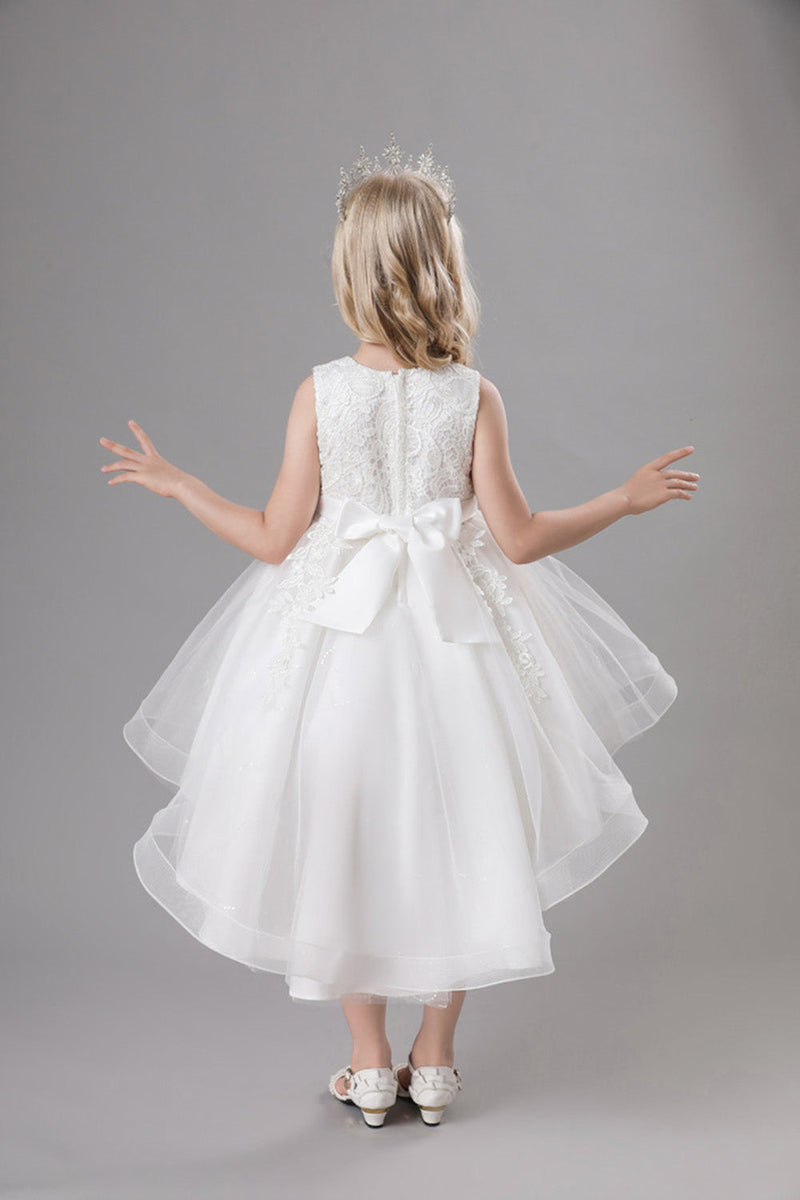 Laden Sie das Bild in den Galerie-Viewer, Weißes Juwel Hals Bowknot ärmelloses Mädchen Kleid mit Applikationen