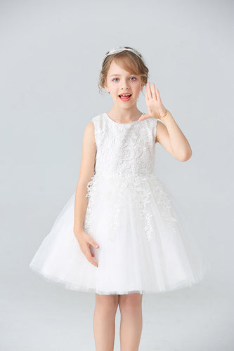 Ein Line Jewel Neck weißes Mädchenkleid mit Applikationen