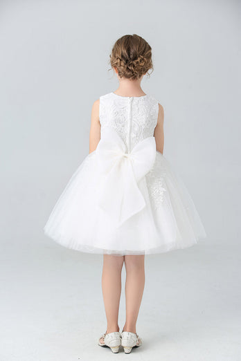 Ein Line Jewel Neck weißes Mädchenkleid mit Applikationen
