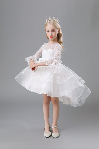 A-Linie weißes einfarbiges kleines Mädchenkleid mit Schleifen