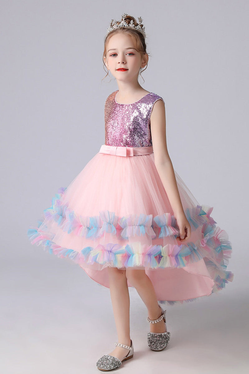 Laden Sie das Bild in den Galerie-Viewer, Asymmetrisches glitzerndes rosa kleines Mädchenkleid mit Schleifen