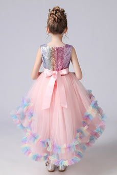 Asymmetrisches glitzerndes rosa kleines Mädchenkleid mit Schleifen
