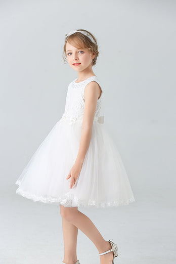 A-Linie Tull Weiß ärmelloses Mädchen Kleid mit Schleife