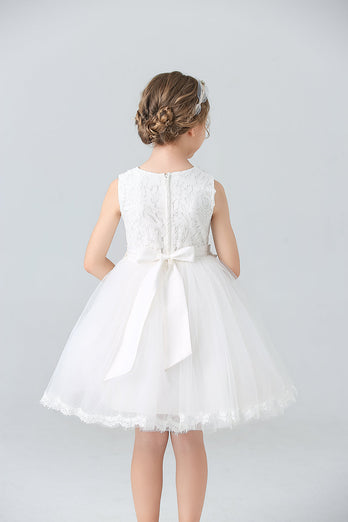 A-Linie Tull Weiß ärmelloses Mädchen Kleid mit Schleife