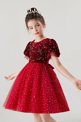A-Linie Rot Glitzernde Pailletten Little Girls Kleid mit Schleife