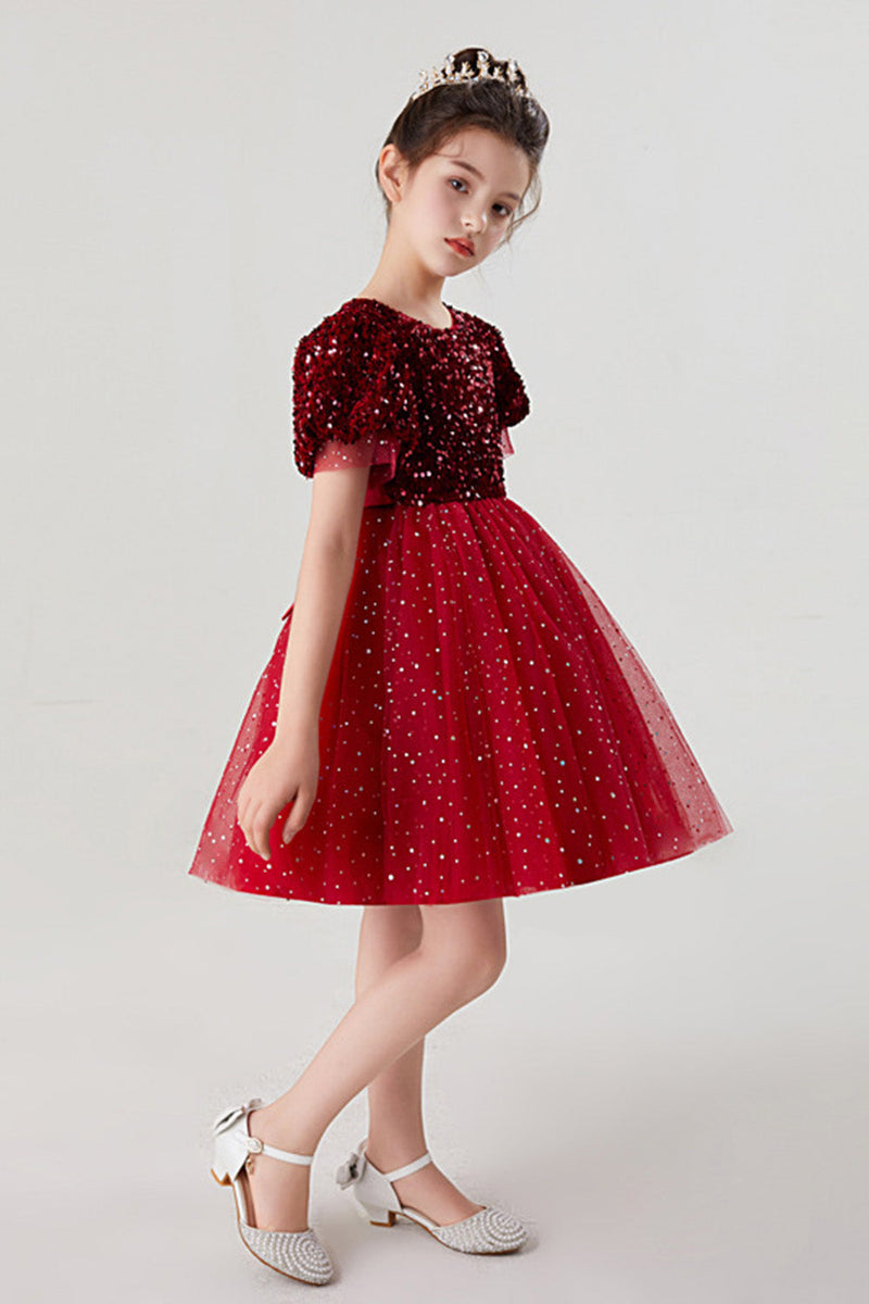 Laden Sie das Bild in den Galerie-Viewer, A-Linie Rot Glitzernde Pailletten Little Girls Kleid mit Schleife