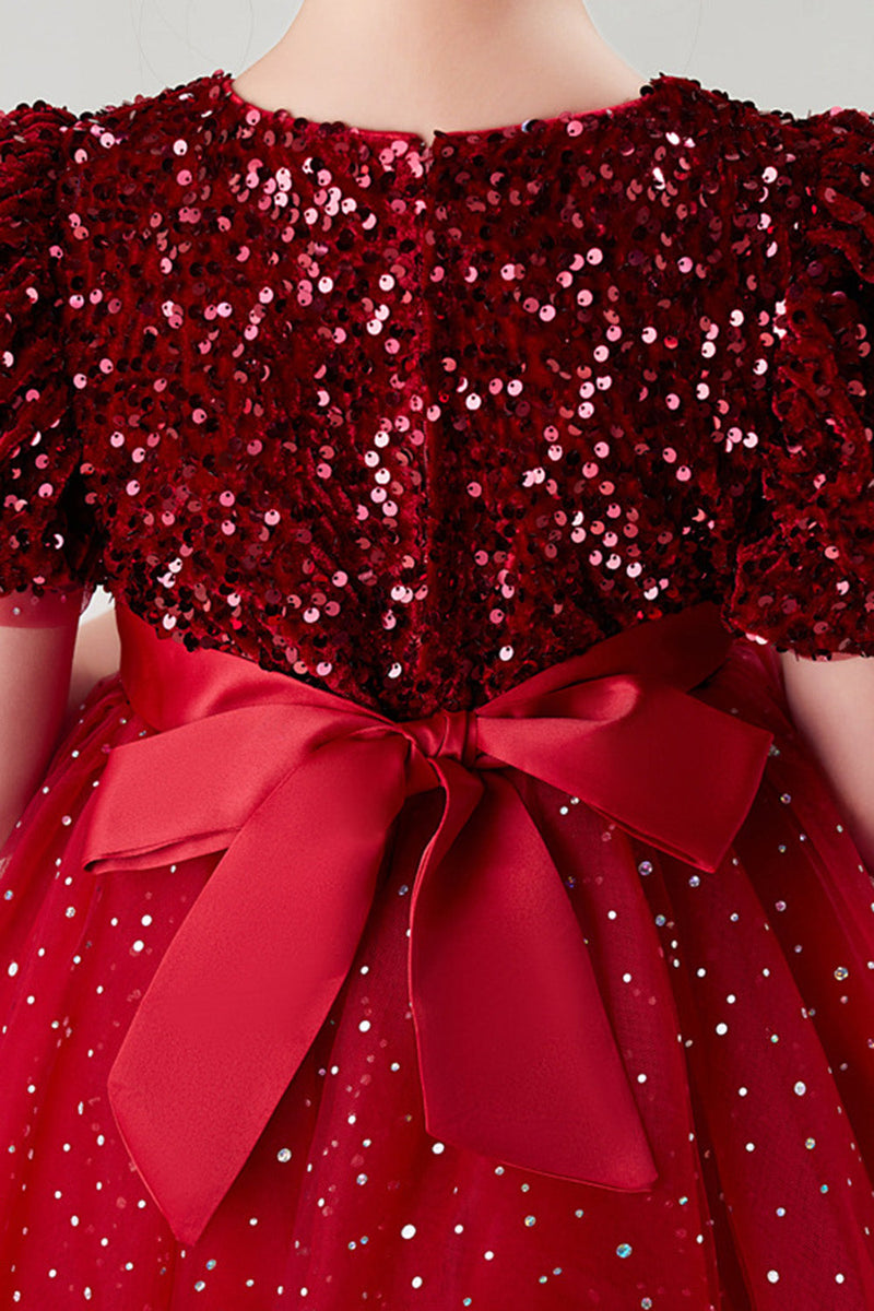 Laden Sie das Bild in den Galerie-Viewer, A-Linie Rot Glitzernde Pailletten Little Girls Kleid mit Schleife