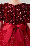 A-Linie Rot Glitzernde Pailletten Little Girls Kleid mit Schleife