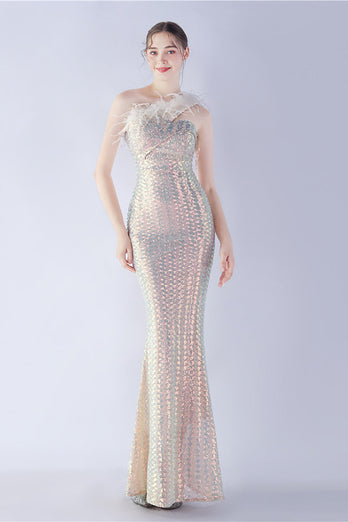 Metall-Meerjungfrauen-Paillettenkleid mit einer Schulter und Feder