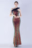 Laden Sie das Bild in den Galerie-Viewer, Metall-Meerjungfrauen-Paillettenkleid mit einer Schulter und Feder