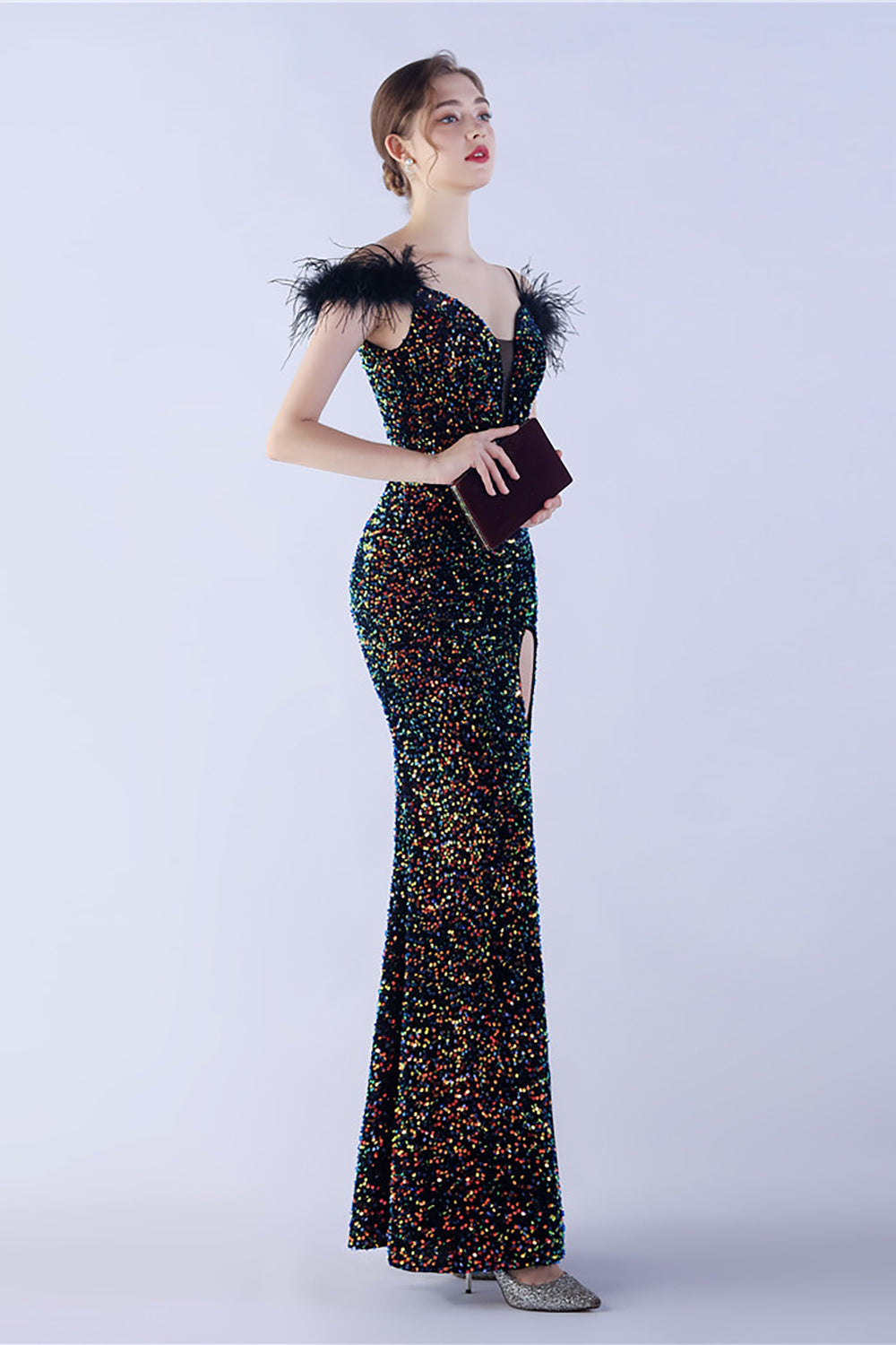 Meerjungfrau Spaghettiträger Pailletten formelles Abendkleid mit Federn