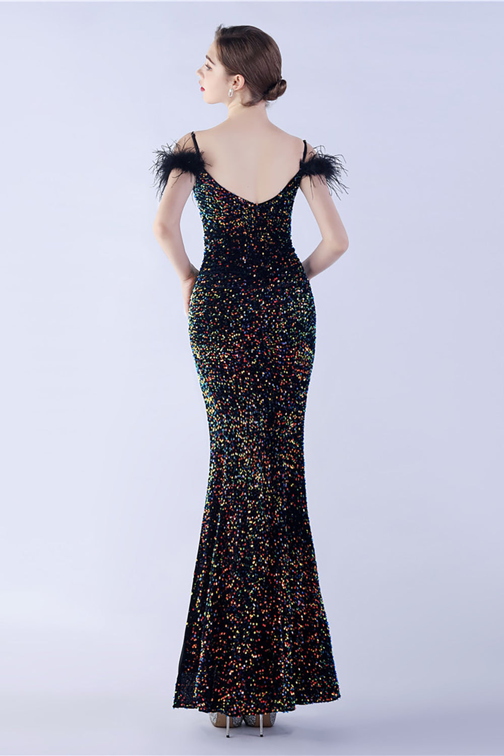 Meerjungfrau Spaghettiträger Pailletten formelles Abendkleid mit Federn