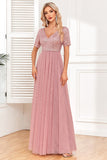 Dusty Rose A-Linie V-Ausschnitt Tüll Ballkleid mit kurzen Ärmeln