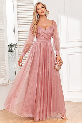 Dusty Rose A-Linie Kleid mit langen Ärmeln für den Abschlussball