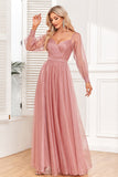 Dusty Rose A-Linie Kleid mit langen Ärmeln für den Abschlussball