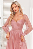 Dusty Rose A-Linie Kleid mit langen Ärmeln für den Abschlussball