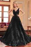 Glitzerndes schwarzes Ballkleid in A-Linie mit Pailletten