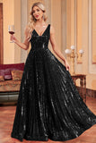 Glitzerndes schwarzes Ballkleid in A-Linie mit Pailletten