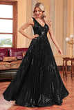 Glitzerndes schwarzes Ballkleid in A-Linie mit Pailletten