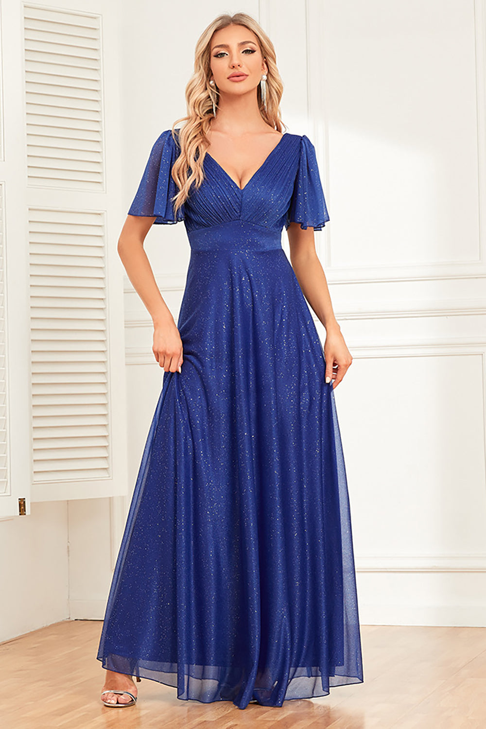 Glitzerndes königsblaues A-Linien-Kleid mit V-Ausschnitt und Rüschen