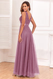 Blaues Ballkleid in A-Linie mit V-Ausschnitt