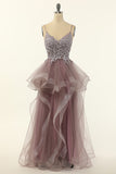 Tüll Lila Grau Spaghettiträger Ballkleid mit Applikationen