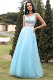 Himmelblau A-Linie Tulle Ballkleid mit Perlstickerei