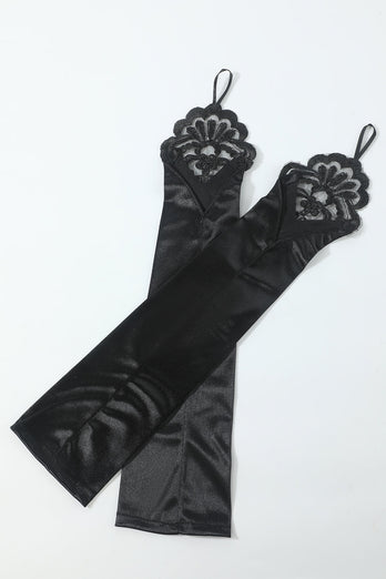 Schwarz Sechs Stück Halskette Handschuhe 1920er Jahre Party Accessoires
