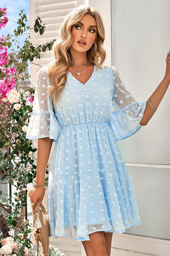 Blaues Mini-Sommerkleid mit V-Ausschnitt und halben Ärmeln