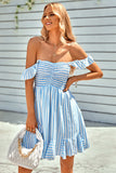 Blaues schulterfreies Mini-Sommerkleid