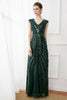 Laden Sie das Bild in den Galerie-Viewer, Dunkelgrünes Pailletten Langes Kleid aus den 1920er Jahren mit Perlen